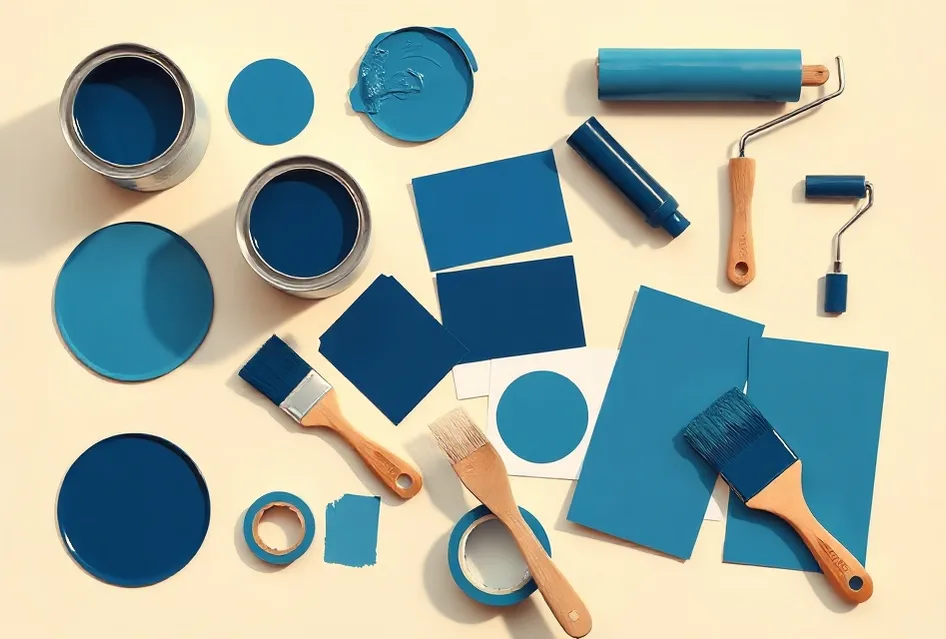 Pots de peinture, nuancier, brosses et rouleaux disposés à plat