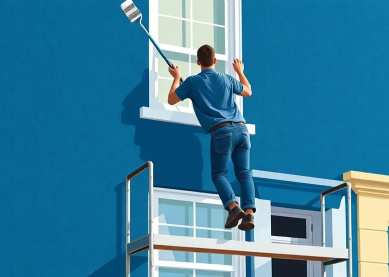 Peintre sur échafaudage traitant la façade d'une maison