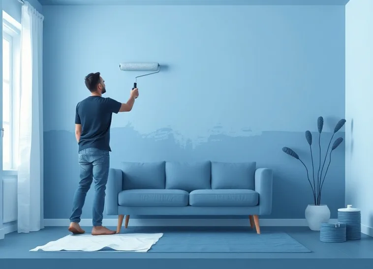 Peintre appliquant la peinture au rouleau sur un mur de salon